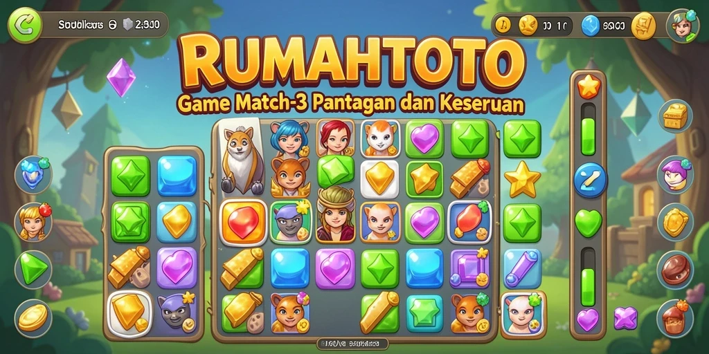 Screenshot RUMAHTOTO menampilkan gameplay seru Match-3 yang menantang.