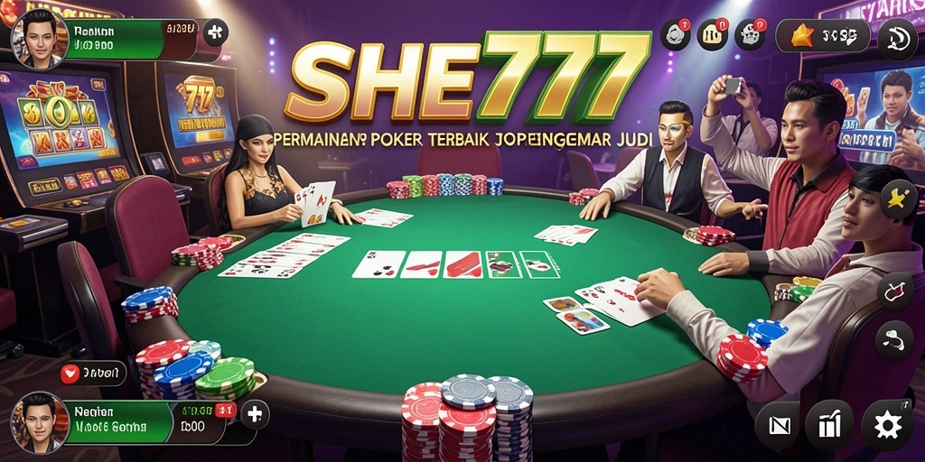 Tampilan screenshot utama SHE777 menunjukkan pemain beraksi dalam permainan poker.